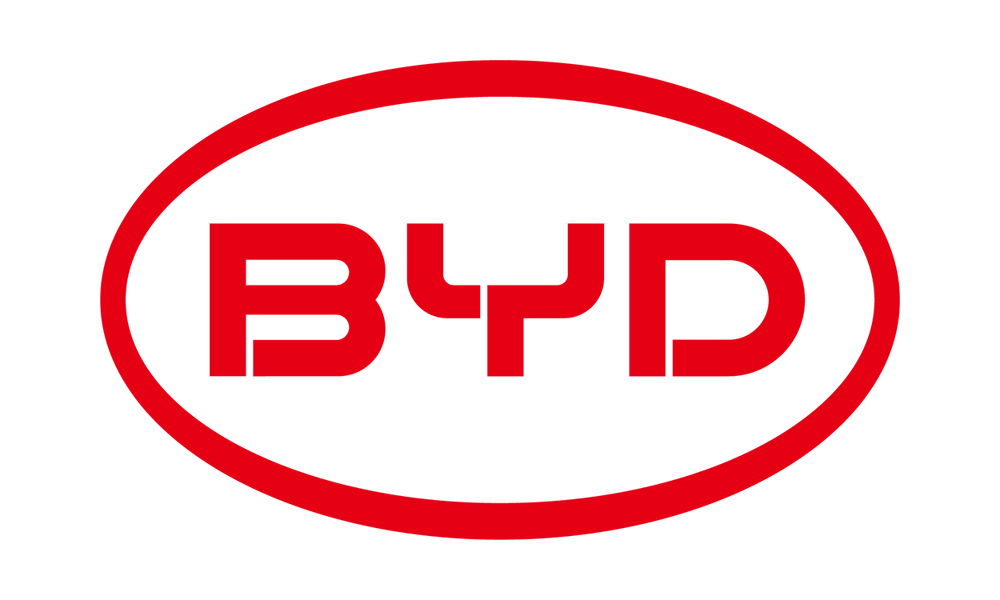 BYD logo: red letters inside a red oval badge (brand mark).